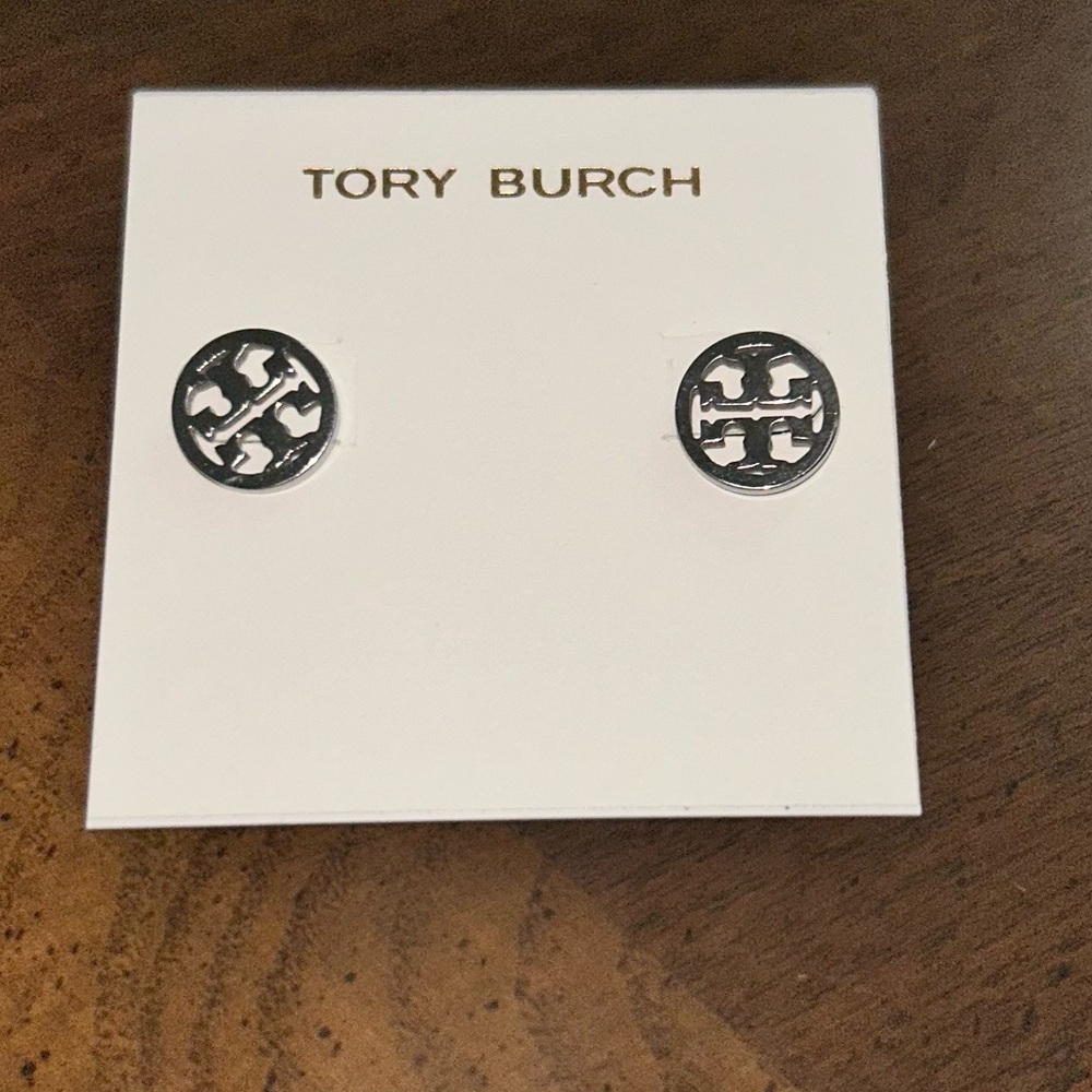 Tory Burch Miller Stud Silver Tone Earrings